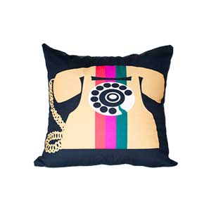 designer throw pillow with black background and vintage gold telephone